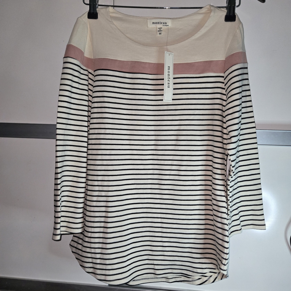 Monteau Pink and Black Striped Long Sleeve Top